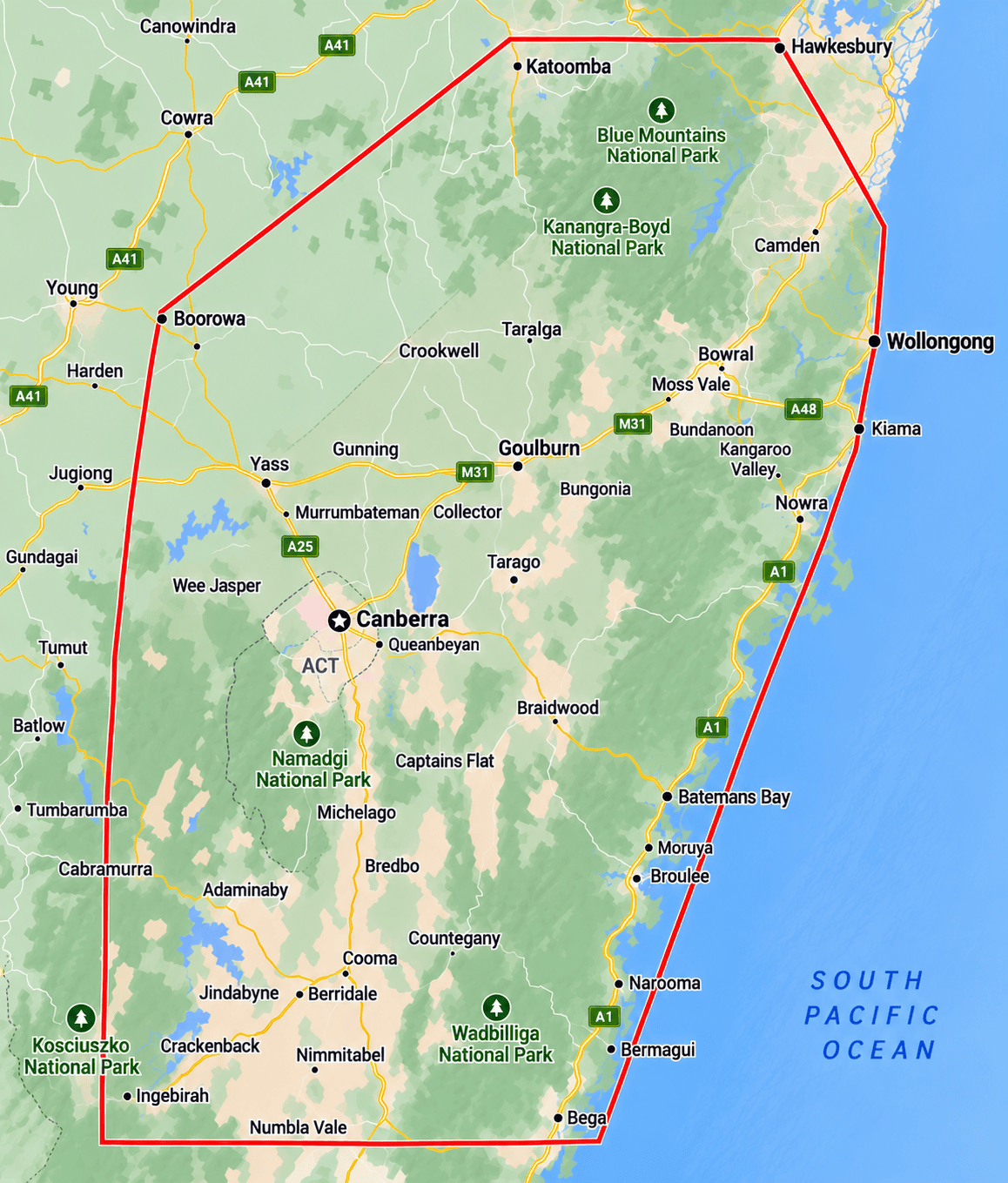 This image shows the map of the areas serviced by Leigh's Water Tank Cleaning